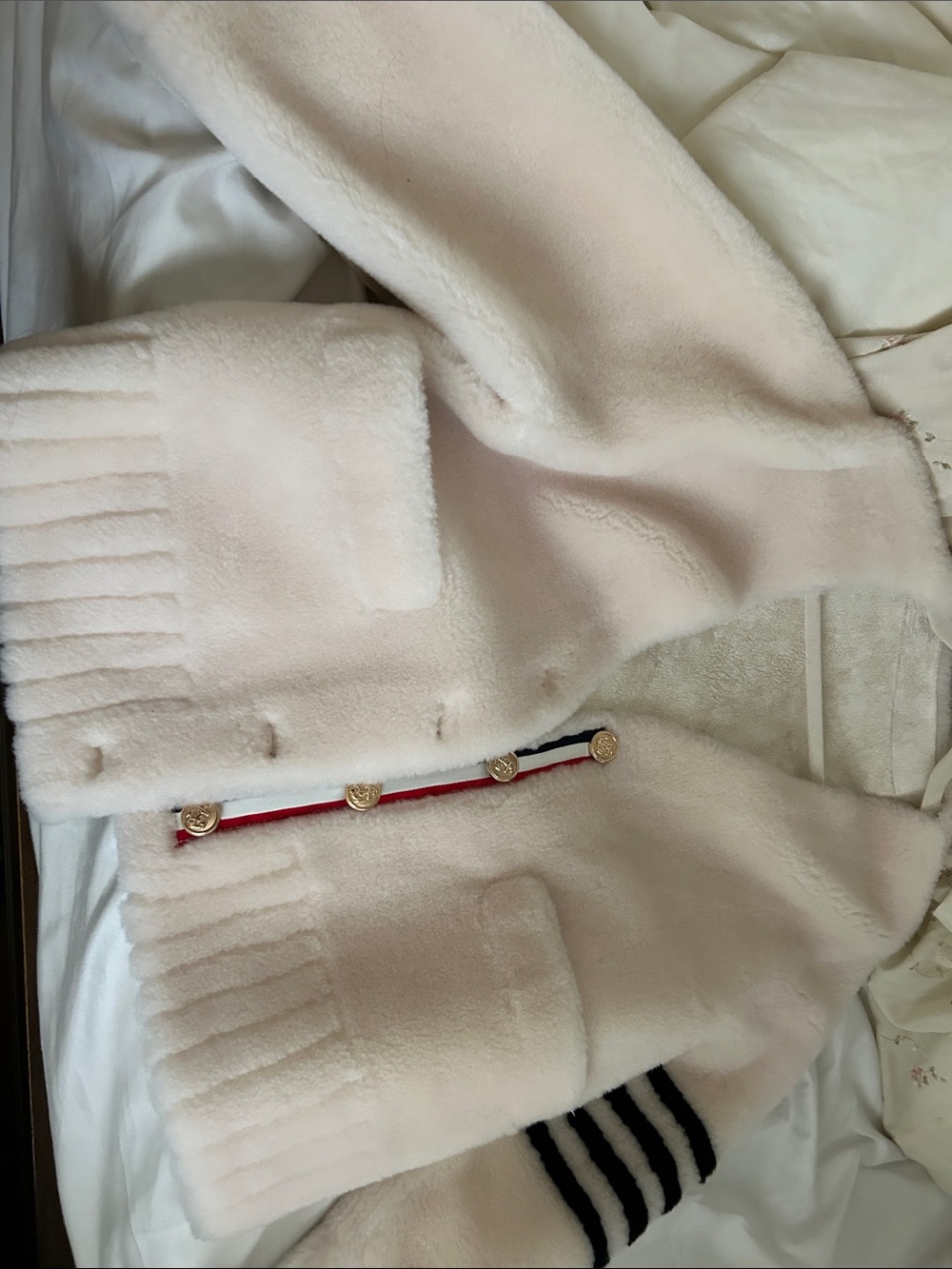 Kids Faux Fur Jacket with Gold Button Trim - Cream